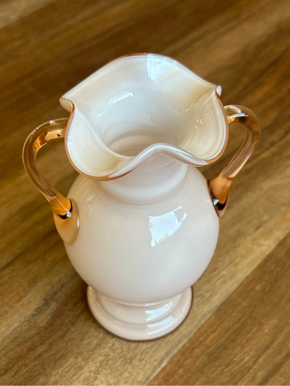 Antique 1920s–1930s Czechoslovakian Art Glass Vase Blush Pink Ruffled Double Han